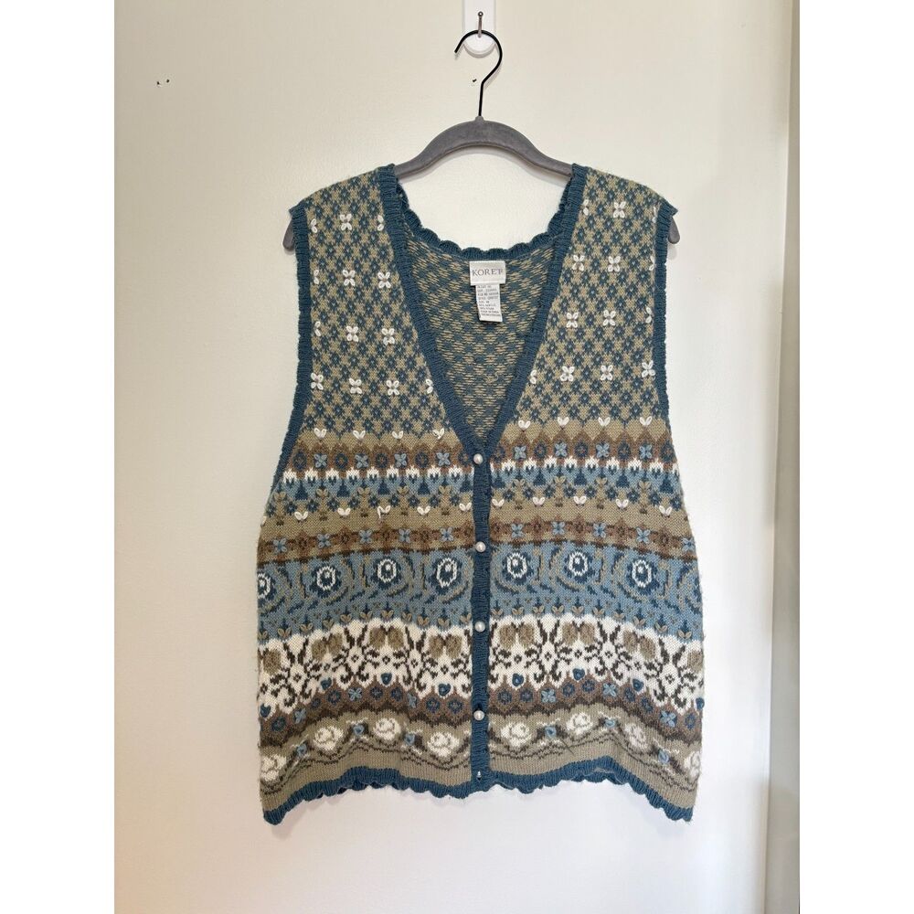 VTG Style Koret Fair Isle Sweater Vest Blue Tan Floral Pearl Button M‎ Academia